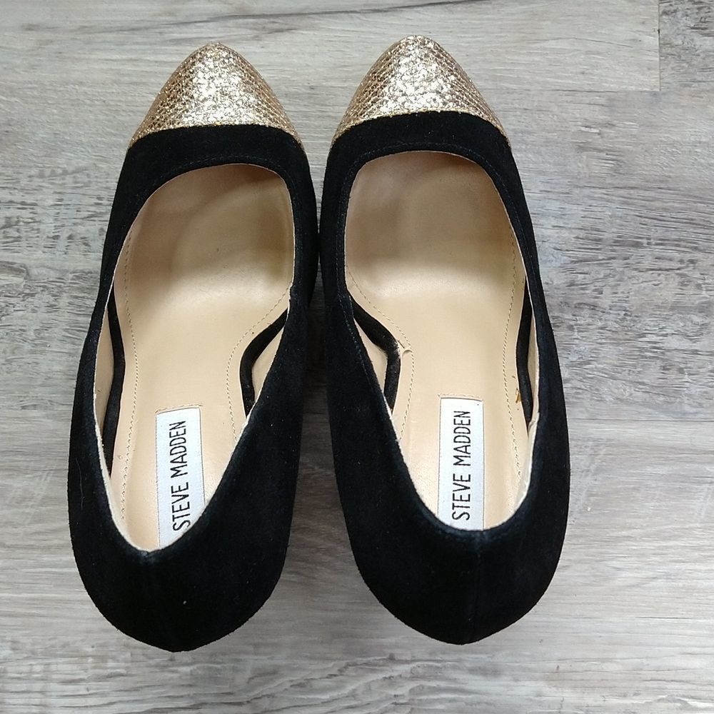 Steve Madden Black Suede and Gold Platform Heels - Picture 8 of 12